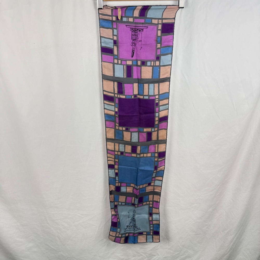 Vintage Bronzini Silk Art Deco Egyptian Rectangular Scarf 70s Purple Statement